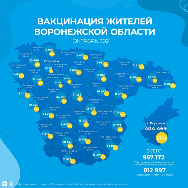 Лискинский район удержал лидерство на карте вакцинации Воронежской области